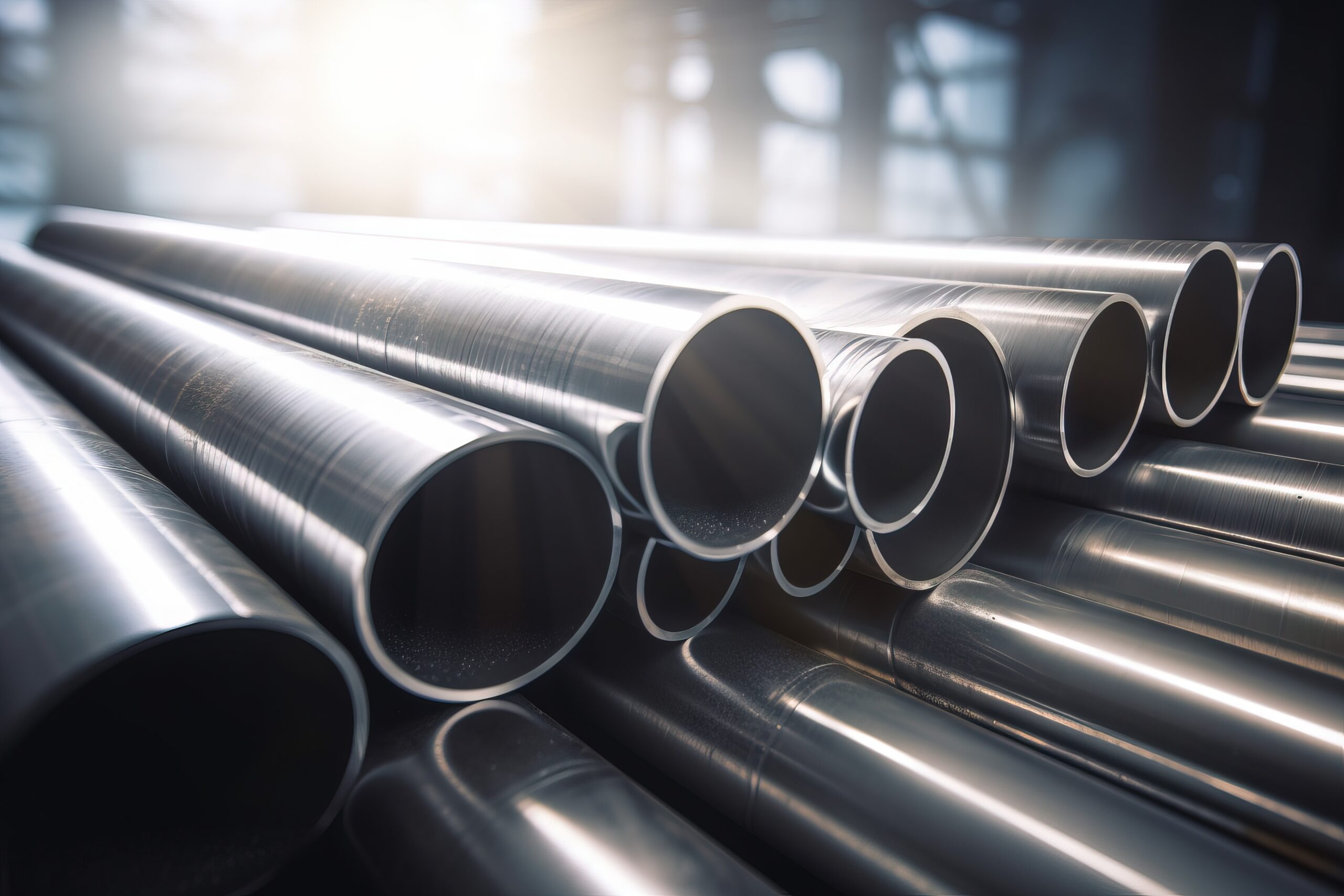 a stack of steel pipes in a factory with a bright light behind