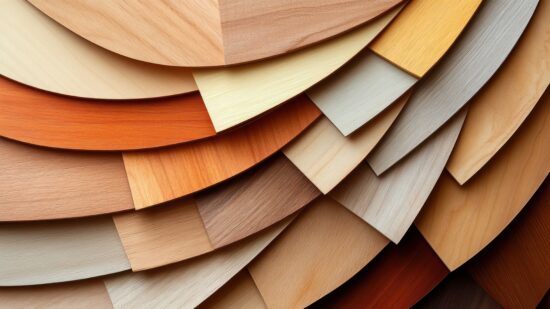 Wood veneer samples showing different textures and colors.