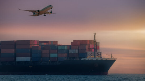 Cargo shipping containers through calm ocean capacity of maritime logistics to move goods worldwide commercial airplane modern global commerce transport before reaching their final destination.