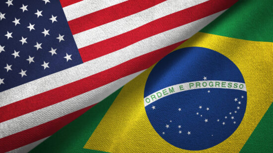 United States and Brazil two flags textile cloth, fabric texture