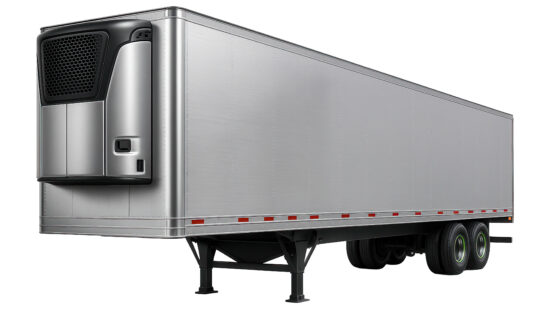Insulated reefer trailer with aluminum exterior and prominent cooling unit on front