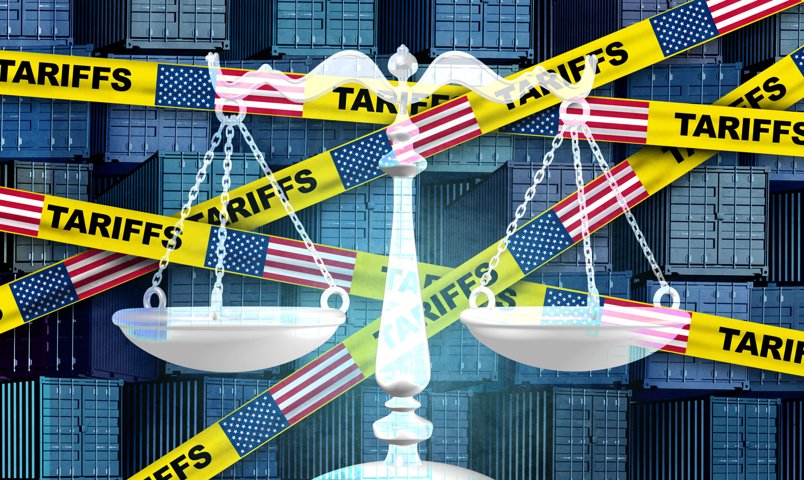 US Tariffs Legal Challenges and American laws in Economic Trade and tariff tax legislation as government policy and import export agreements as justice scale political economic policies.