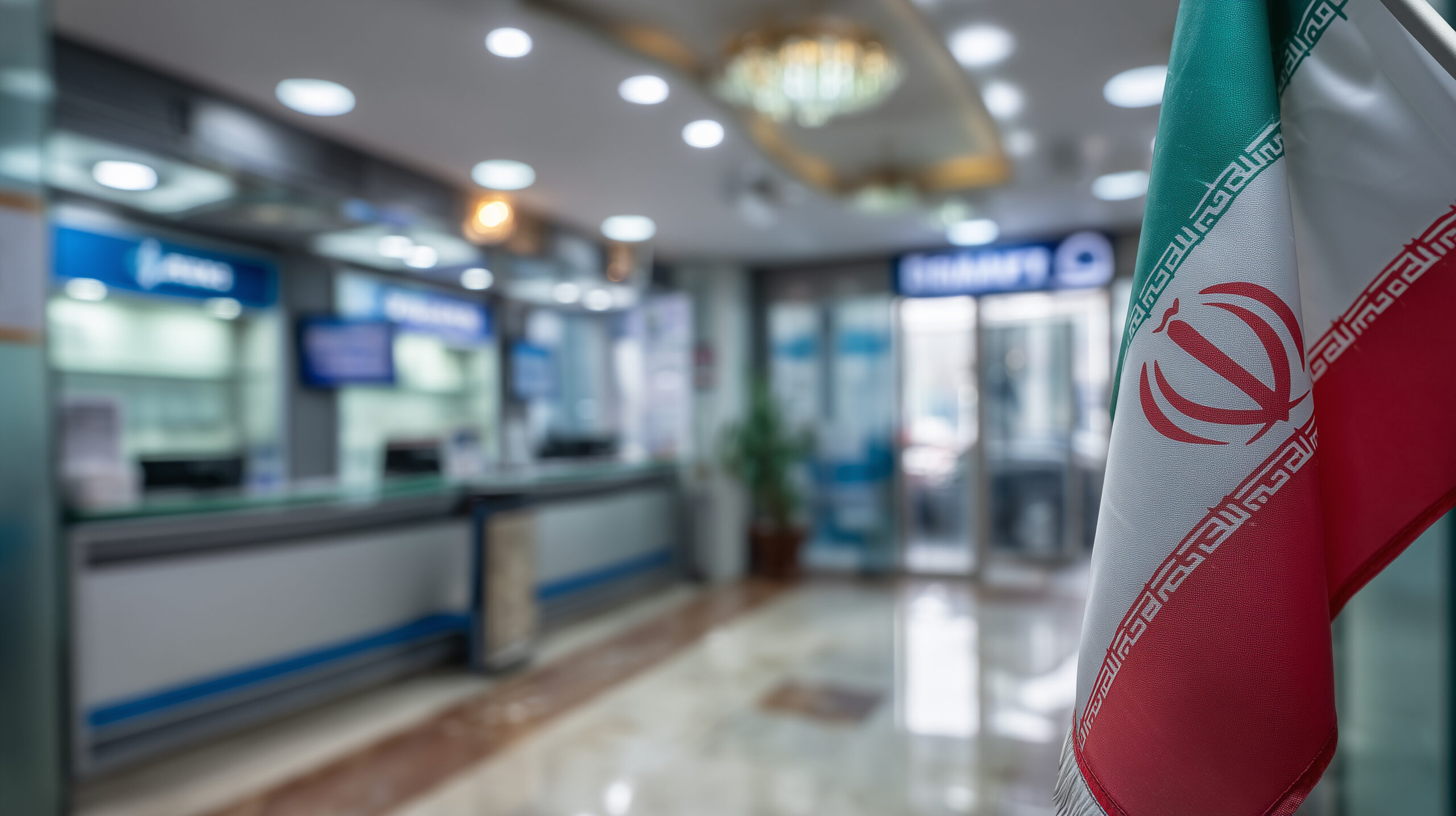 Iranian flag prominently displayed in an empty bank interior, symbol of sanctions pressure on Iran and economic restrictions, for themes about geopolitical tensions, international finance and trade