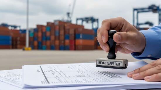 Close-up zoom of customs officer stamping “IMPORT TARIFF PAID” on cargo paperwork, blurred shipping containers in background, logistics port atmosphere, documentary editorial style