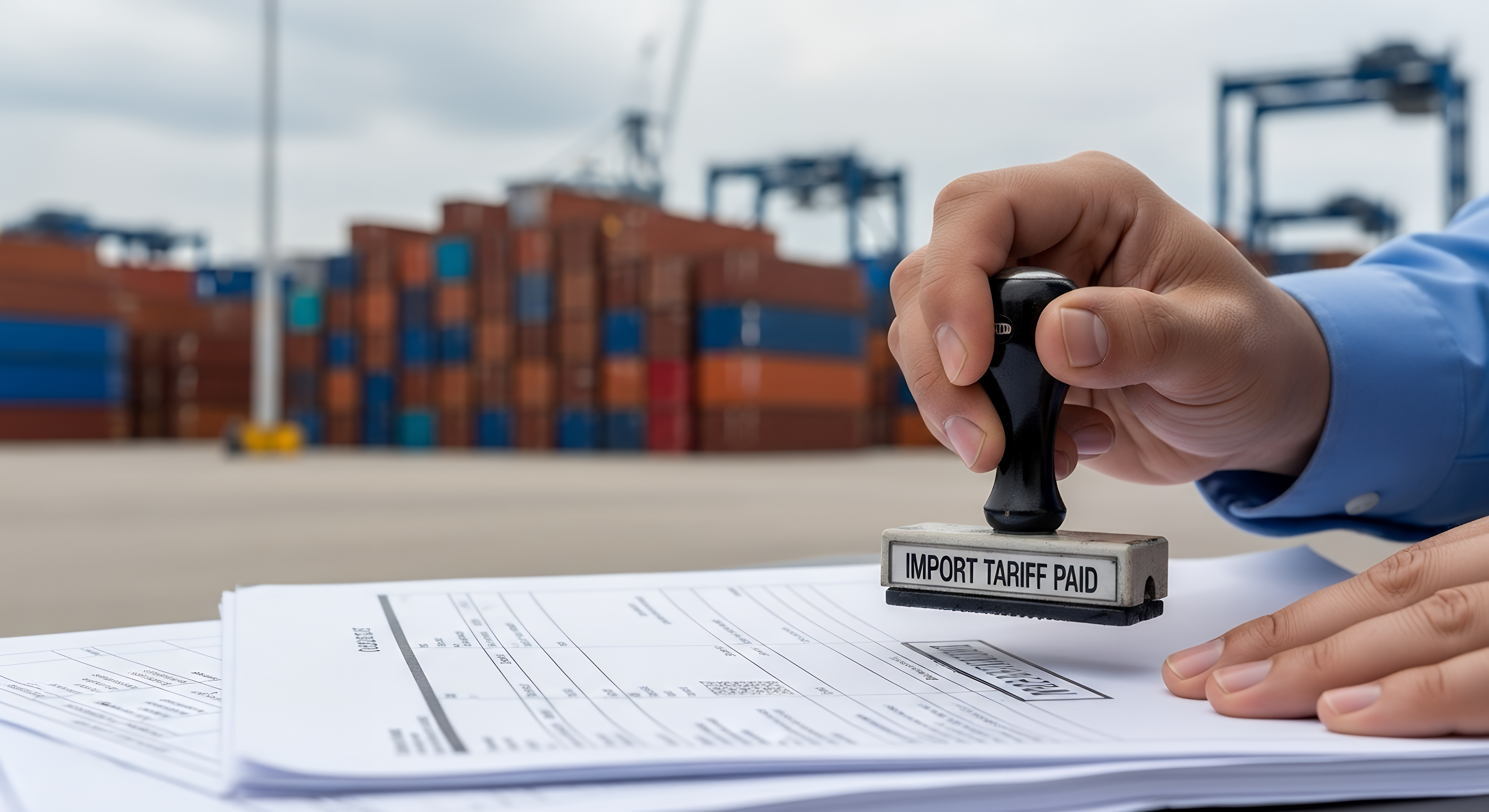 Close-up zoom of customs officer stamping “IMPORT TARIFF PAID” on cargo paperwork, blurred shipping containers in background, logistics port atmosphere, documentary editorial style