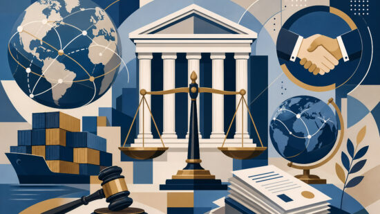 Illustration of global trade and justice with symbolic elements.