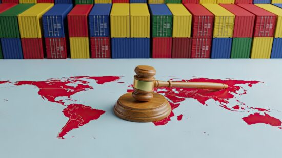 Wooden judge's gavel resting on a vibrant red world map symbolizing international law and global trade with a backdrop of colorful stacked shipping containers representing logistics and commerce
