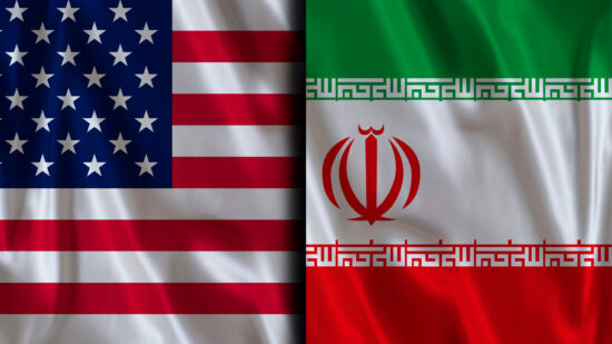 Iranian and American flags on a fabric texture. Geopolitical Tension Between United States and Iran