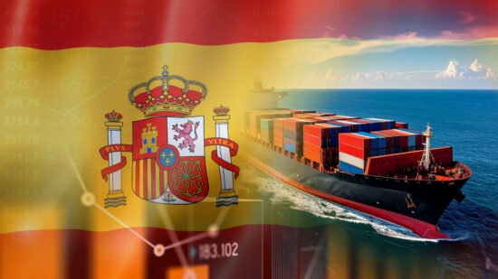 The Spanish shipping industry and its trade activities, including import and export of goods. Illustrated with a container ship at sea, combined with a design of the national flag and a business data