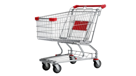 Shiny metal shopping cart with red accents, isolated on transparent background